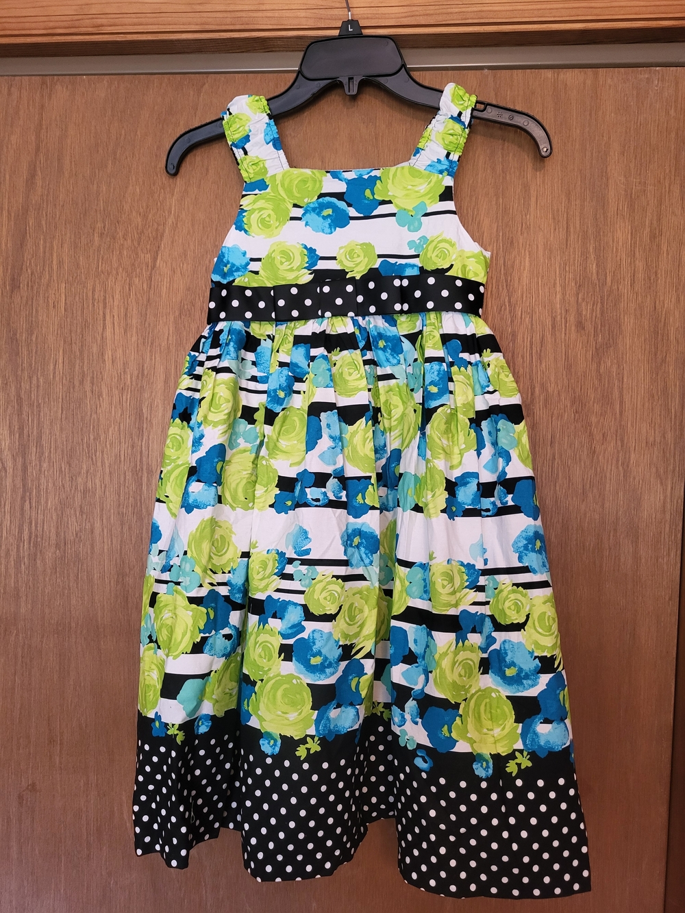NWT Bonnie Jean Girls Floral Striped Sundress with Polka Dot Trim - Blue & Lime